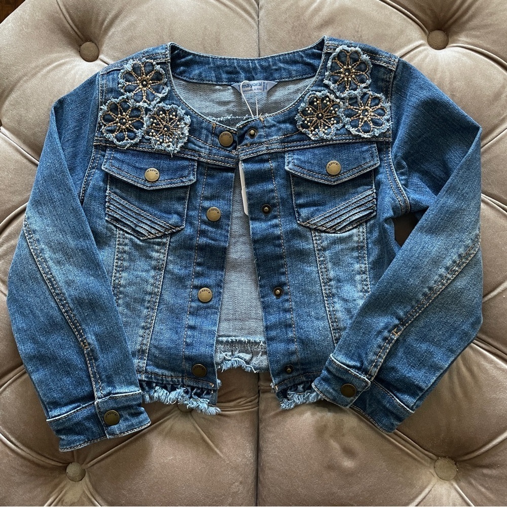 SEE VIDEO Super Cute Girl's Mayoral Blue Denim Jacket with Embroidery, Size 5